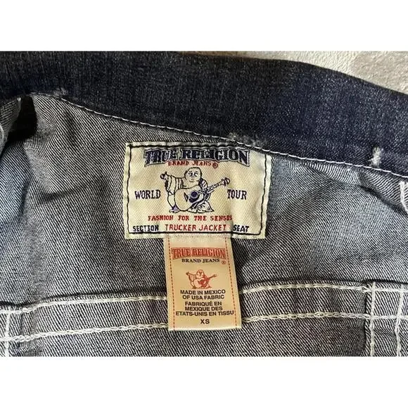 TRUE RELIGION Denim Trucker Jacket Blue Denim Jean Snap Button Sz XS Woman Logo - Picture 14 of 16